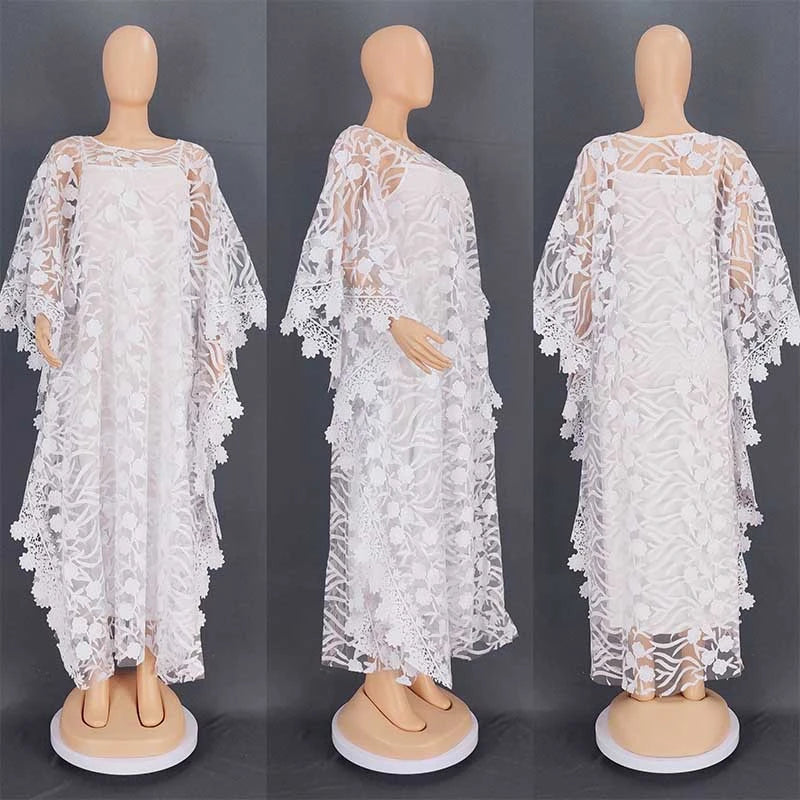 White Lace Hollow Africa Dresses for 2023 Muslim Women Dress African Clothes Dashiki Taditional Boubou Arabic Robe Femme Ramadan