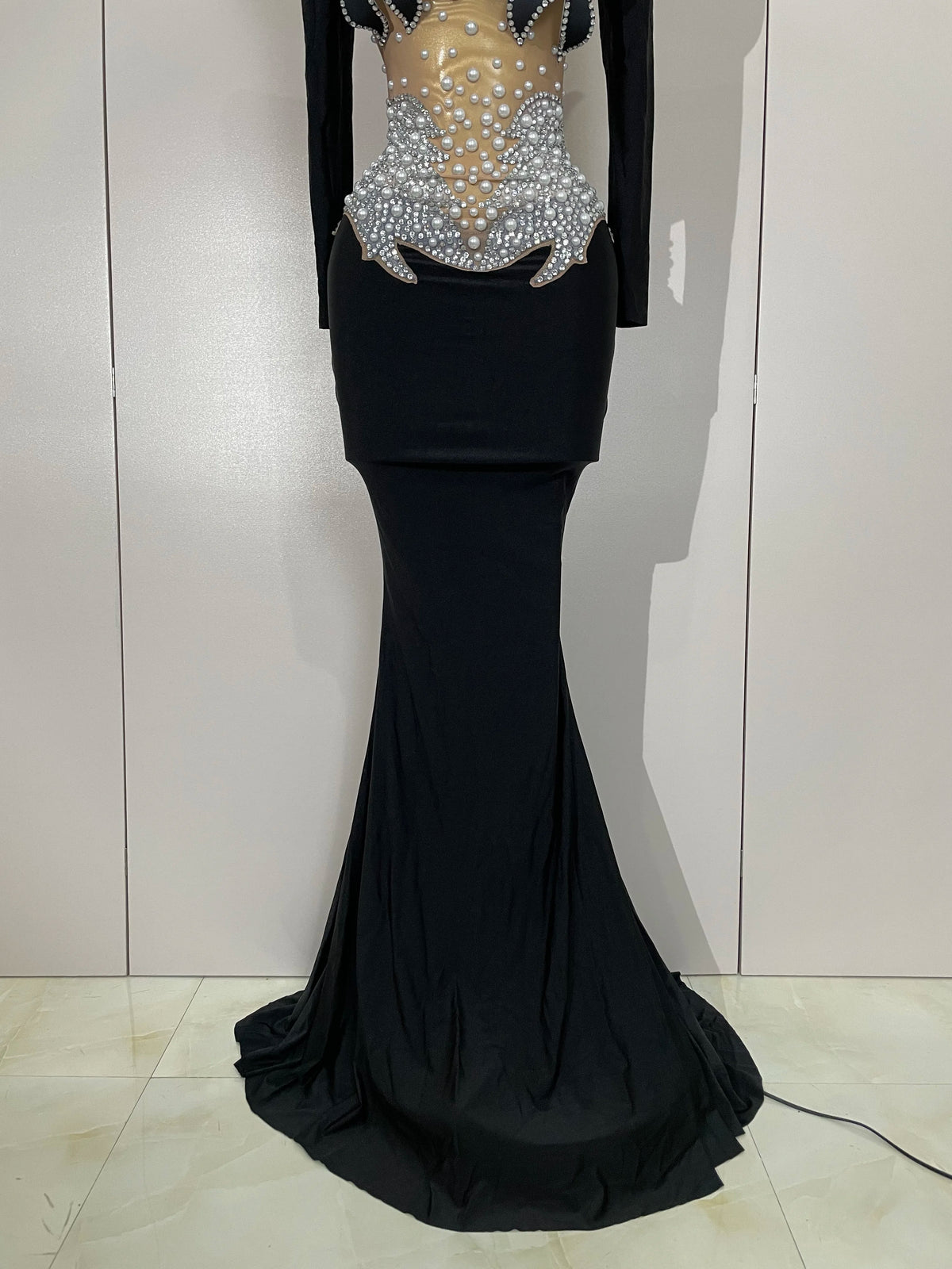 Luxury Sparkly Diamonds Pearl White See Through Mesh Long Dress Women Wedding Evening Party Stage Performance Photoshoot Dress