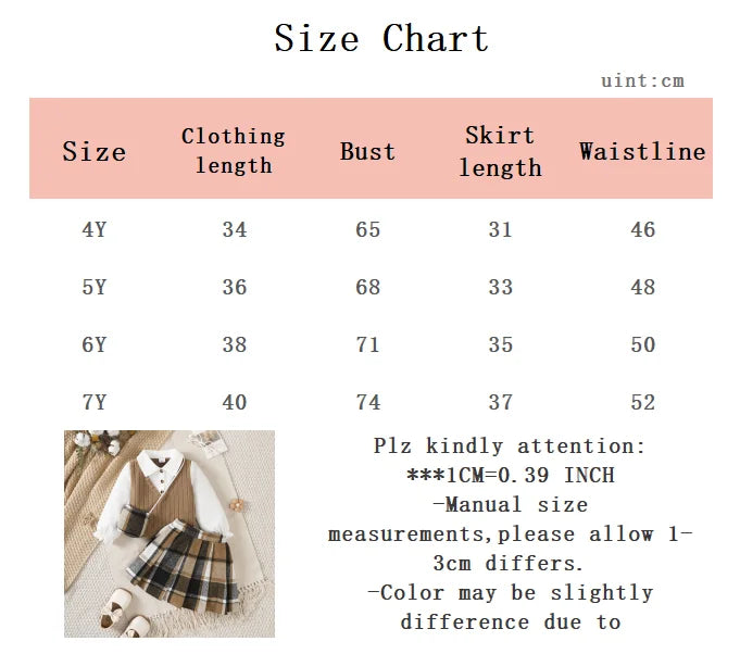3Pcs Children Girl Set Splicing Fake Two piece Top+Checkered Skirt+Mini Bag Set Suitable Girls 4-7 Year Autumn College Style Set