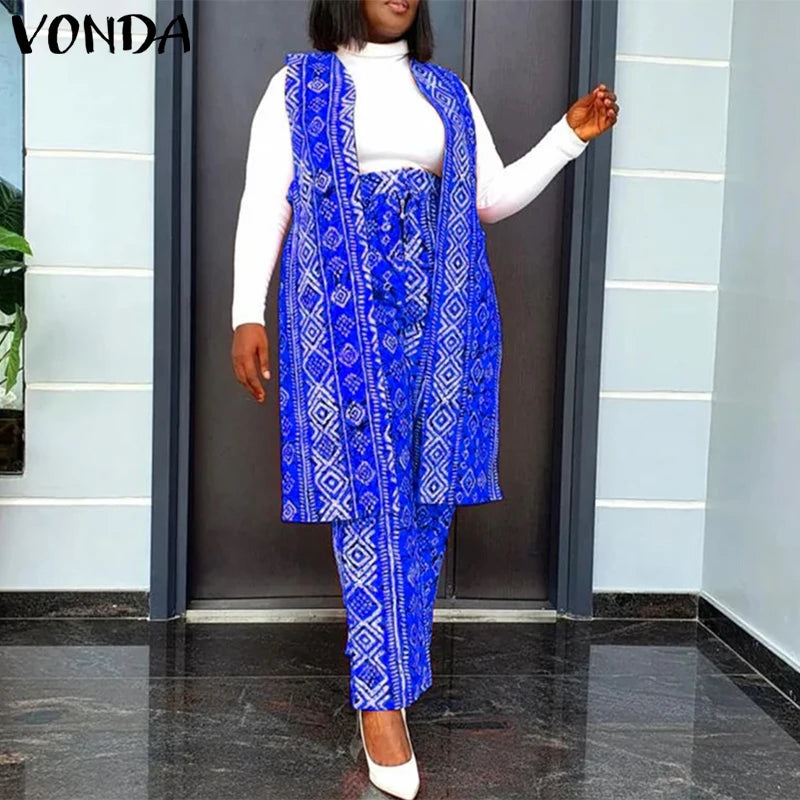VONDA Plus Size Women Sexy Sleeveless Wide Leg Pants Sets 2024 Summer Vintage Tops Sets Bohemian Printed Suits Elegant Outfits