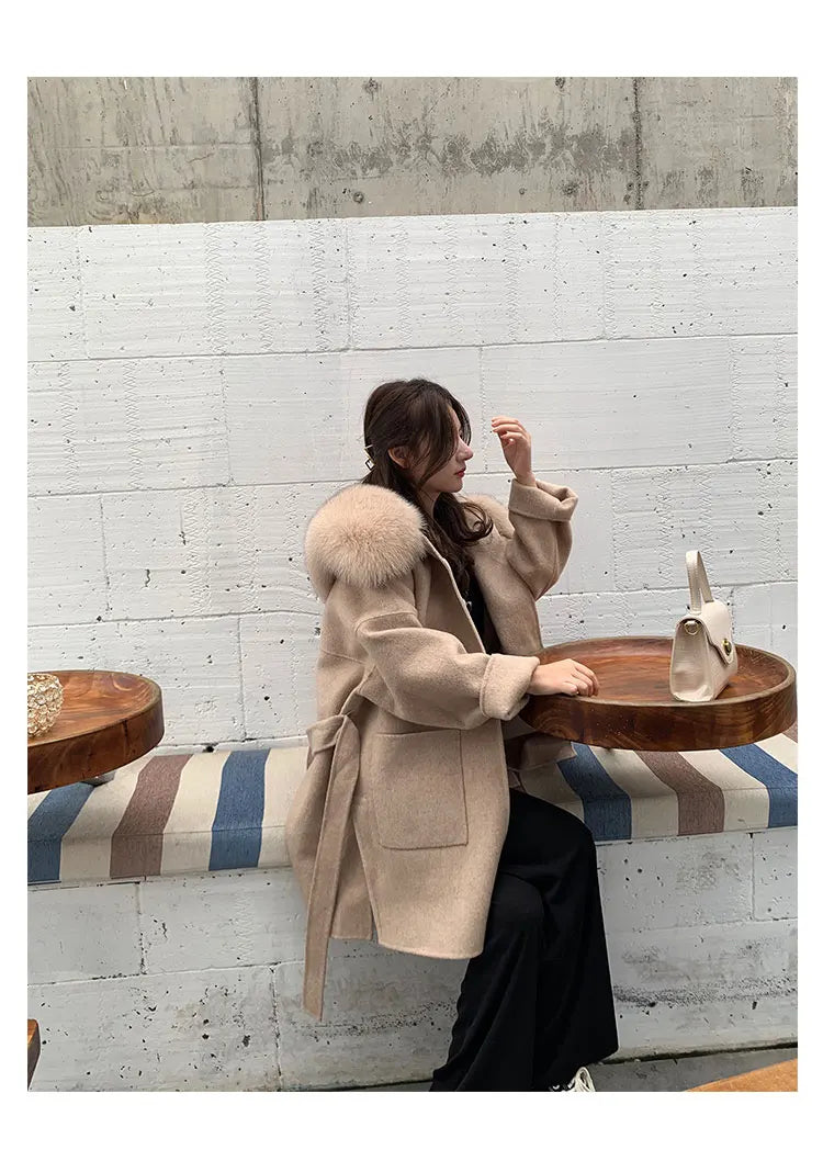 Faced Wool Ladies Winter Jacket Hooded coats Women Luxurious Real Fox Fur Coat Lose Clothing Cashmere Double