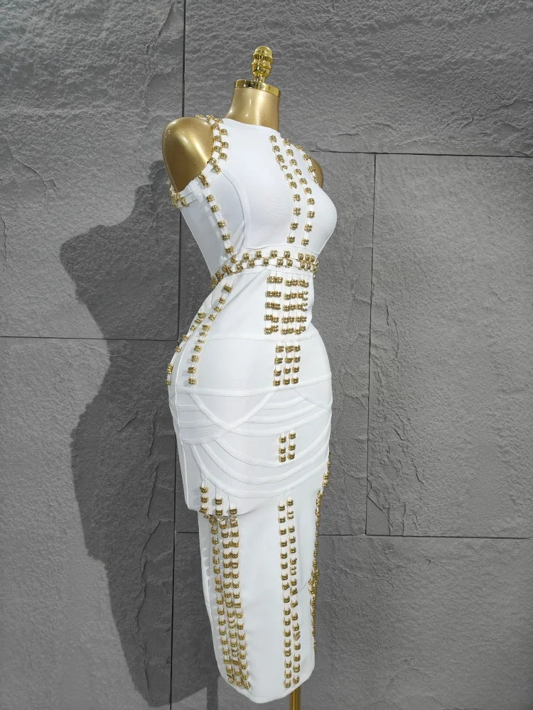 Real Rayon Bandage Midi Dress - High-Quality, Sleeveless with Beads, Thick Knitted Elastic for Vintage Party Occasions