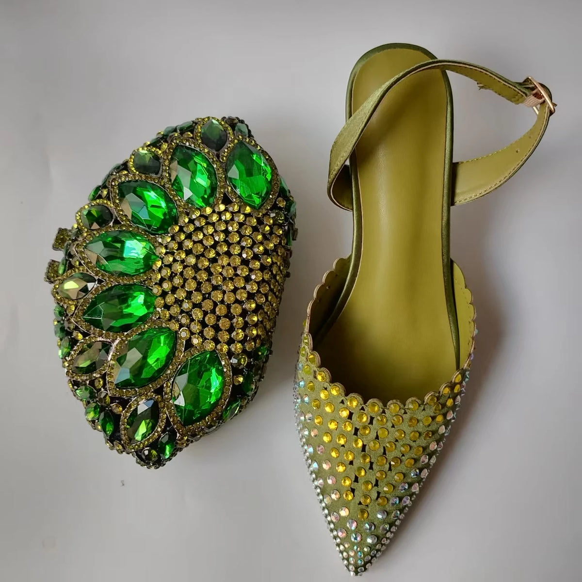 Luxury Olive Green Rhinestones Women's Shoe and Bag Set for Party Wedding Crystals Heeled Pumps and Handbag Sandals