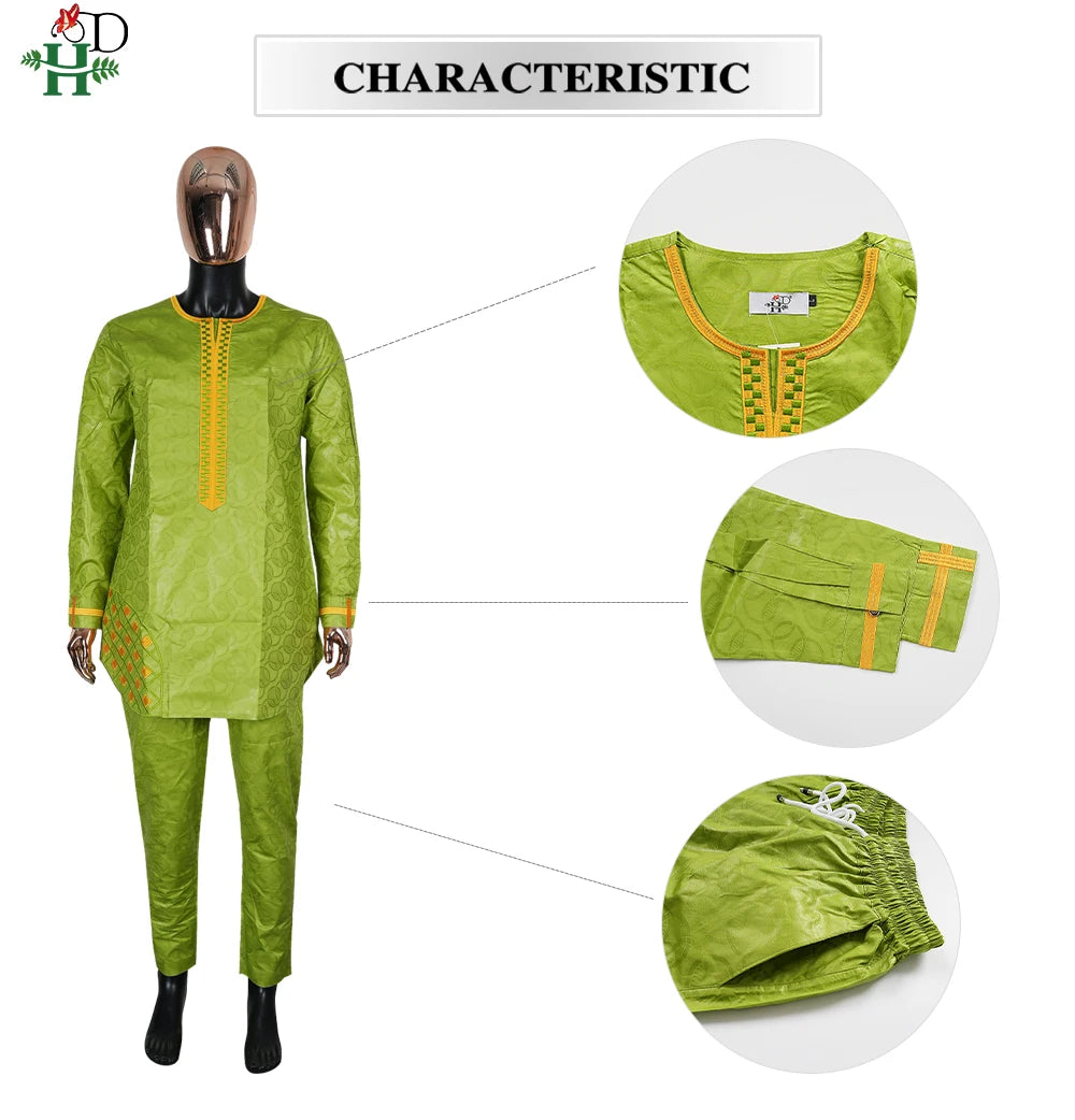 H&D African Clothing For Man Traditional Agbada Sets 2PCS Green Bazin Riche Shirt Pant Embroidered Wedding Party Suits Plus Size