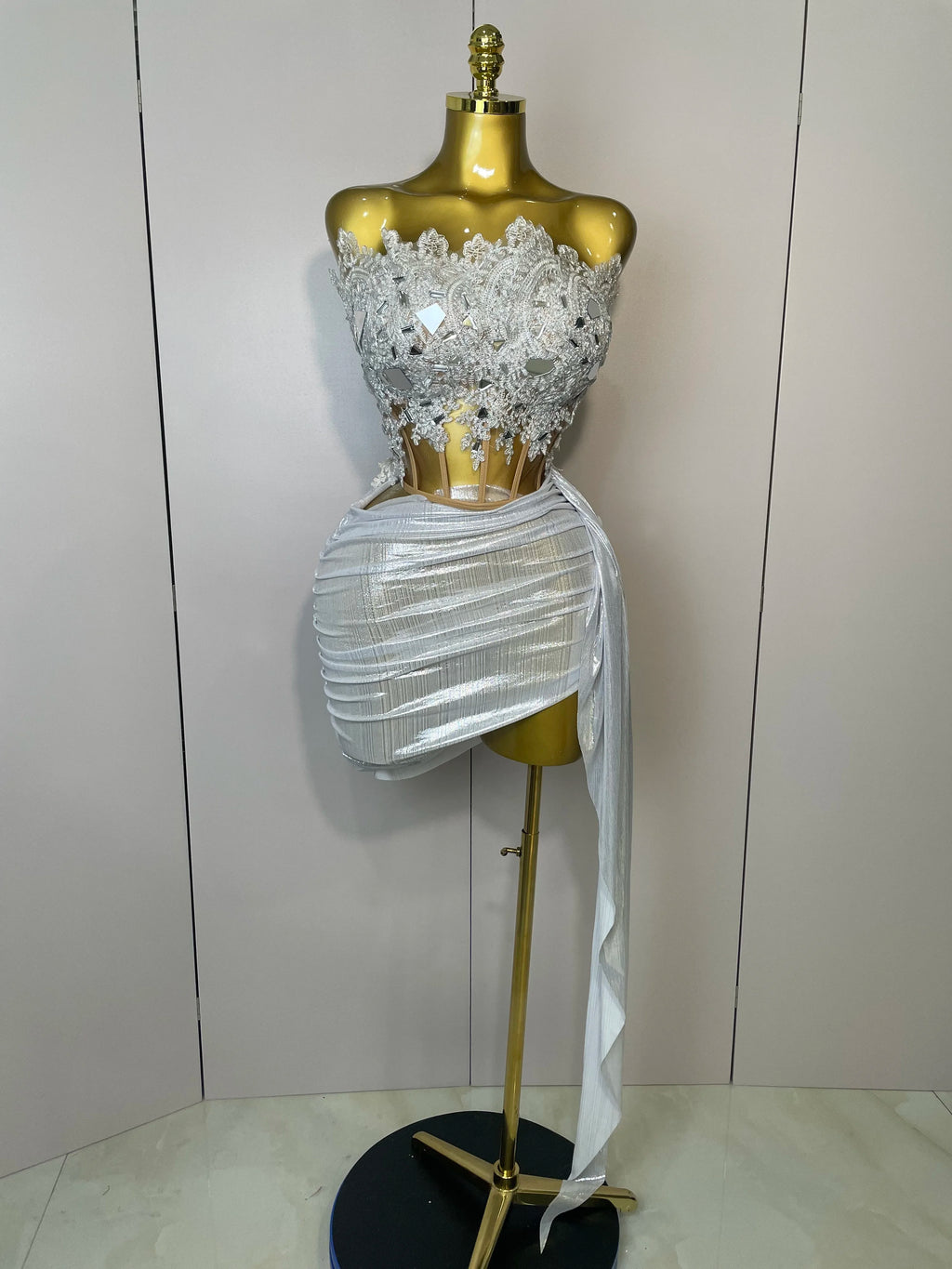Sparkly Silver Sequins Sexy Strapless Short Dress 2Pcs Set Newest 2025 Women Party Birthday Nightclub Singer Dancer Stage Wear