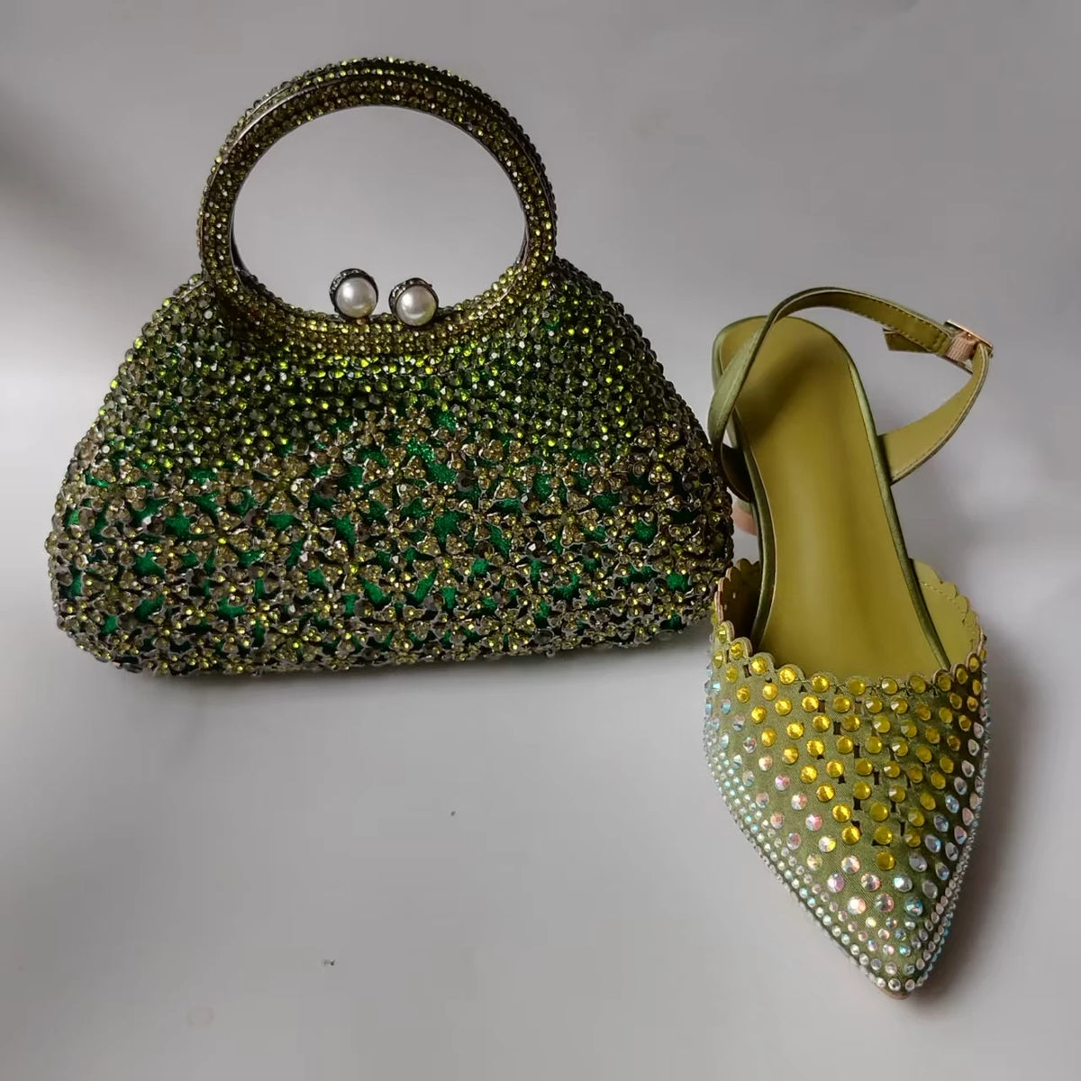 Luxury Olive Green Rhinestones Women's Shoe and Bag Set for Party Wedding Crystals Heeled Pumps and Handbag Sandals