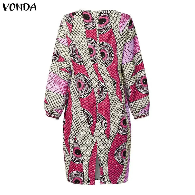 Plus Size VONDA Bohemian Midi Dresses Women Fashion Long Sleeve Print Vintage Party Long Vestidos 2026 Casual Oversize Robe 5XL
