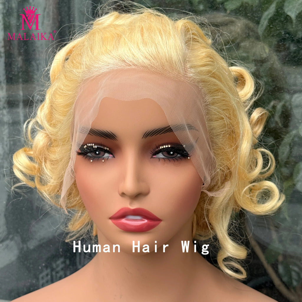 613# Pixie Cut Wigs Human Hair Loose Wave Curly Wig 13x4 Lace Front Human Hair Wig  260% Density 8Inch for Black Women