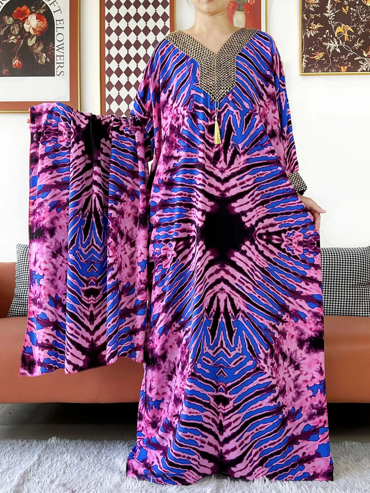 2025 Long Sleeve Embroidered V-Neck Cotton Women Loose Abaya Boho Maxi Dress Casual Fashion Dress African Vestidos