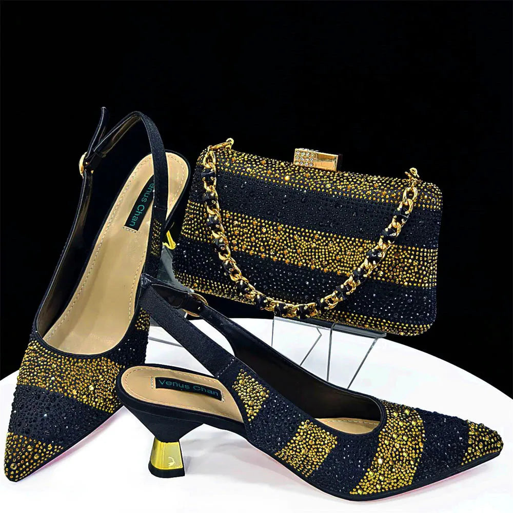 Venus Chan- Elegant High Heels Shoes and Bag Set for Women Pointed Toe Black Color Hollow Rhinestones Matching Bag INS 2024