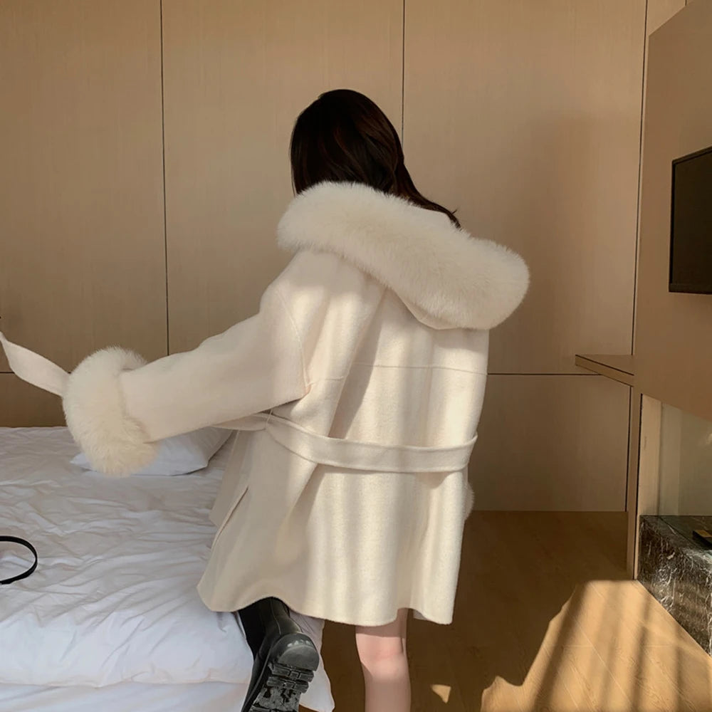 Faced Wool Ladies Winter Jacket Hooded coats Women Luxurious Real Fox Fur Coat Lose Clothing Cashmere Double