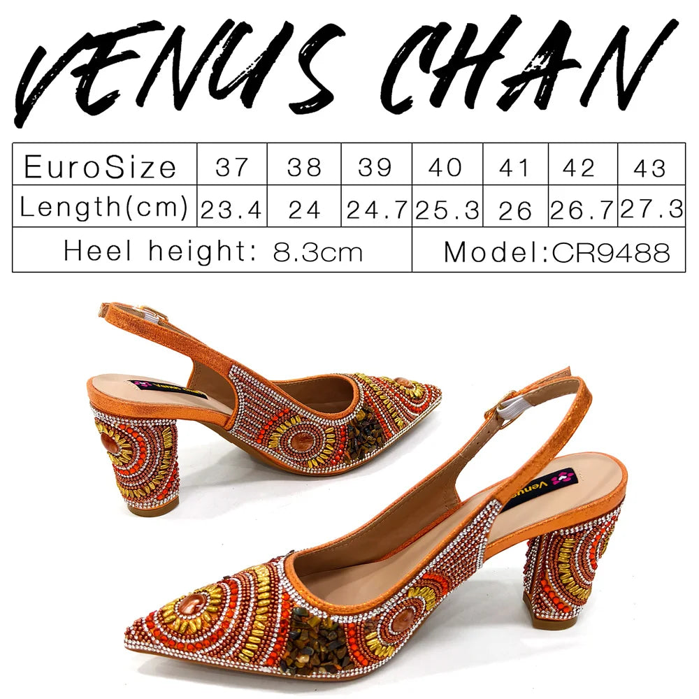 2025 Fashion Newest Arrival Orange Pointed Toe Women Sandals Shoes Matching Bag Set for Ladies Wedding Party Pump