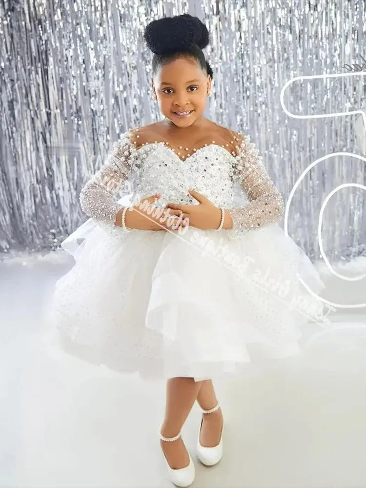 White Little Girls Pearl Flower Girl Dresses for Wedding Sheer Neck Sequined Lace First Communion Birthday Party Dresses