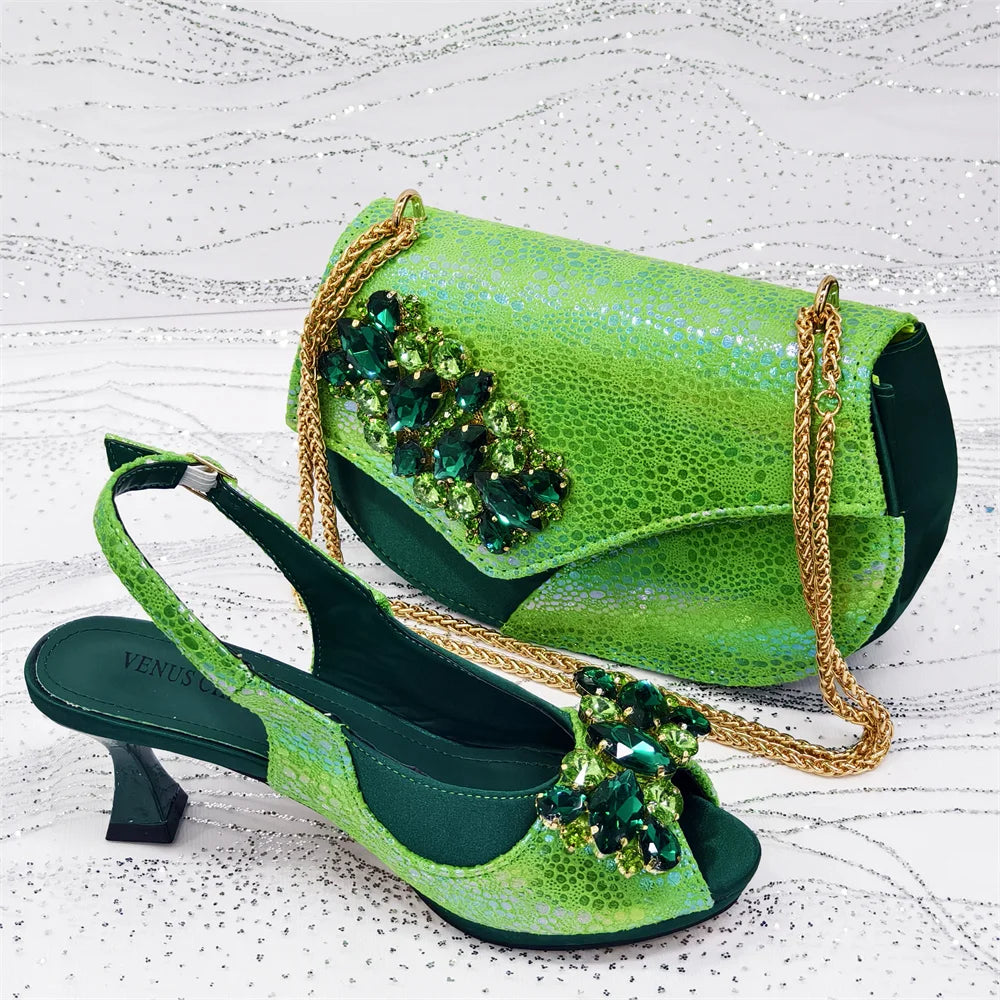 2025 Newest INS Style Gold Color Elegant Women High Heels Nigeria Popular Designer African Ladies Shoes And Bag Set
