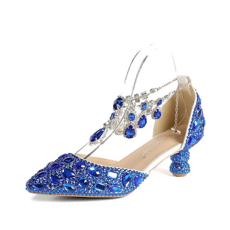 New 5cm Rhinestone shoes buckle round heel blue pointed Crystal Wedding sandals social dance Prom shoes Latin  shoes size 35-43