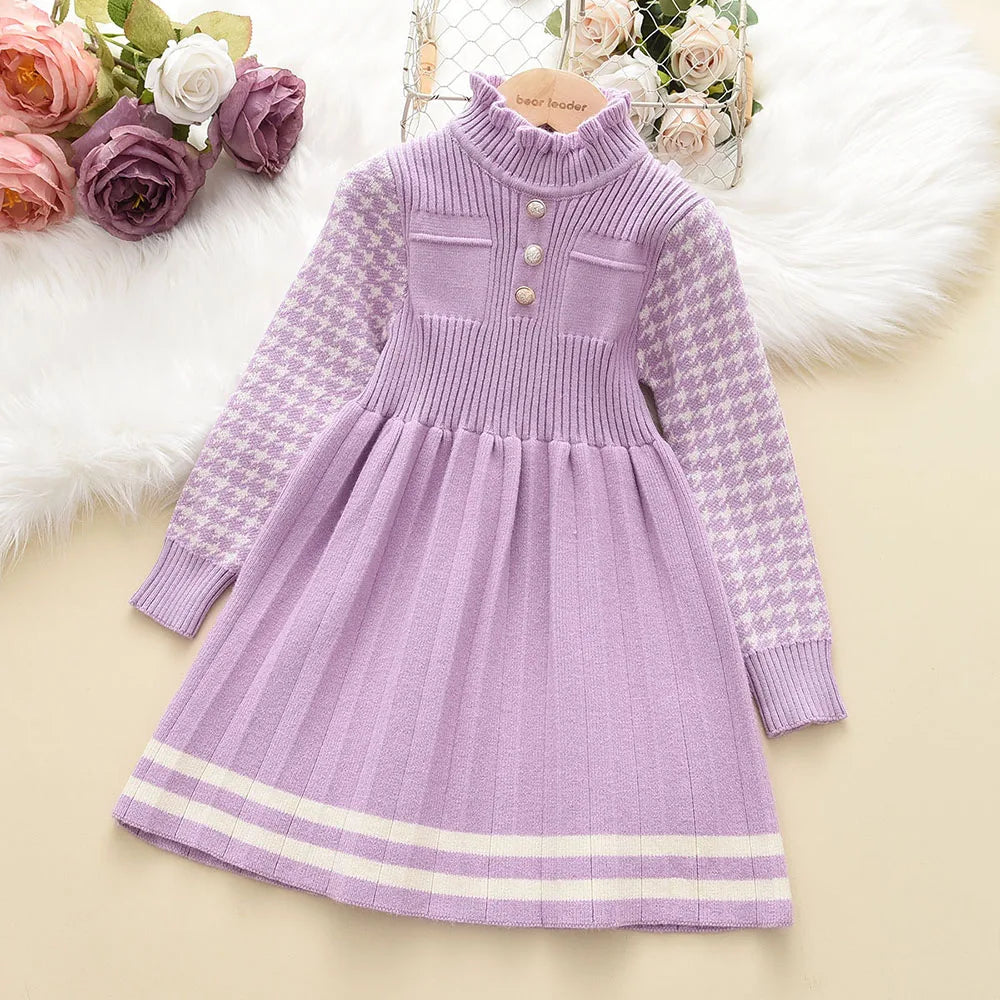 Bear Leader Autumn Winter Girls Sweater Long Sleeve Dress Vest Stripe Party Girl Baby Retro Knitted Wool Dress Casual Vestidos