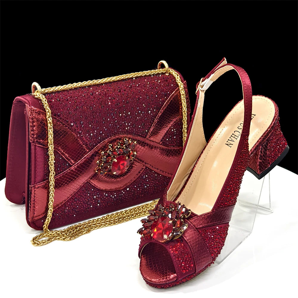 2025 Luxurious Italian Women's Party Shoe and Bag Set – Elegant Black Rhinestone Peep-Toe High Heels Sandals for Weddings