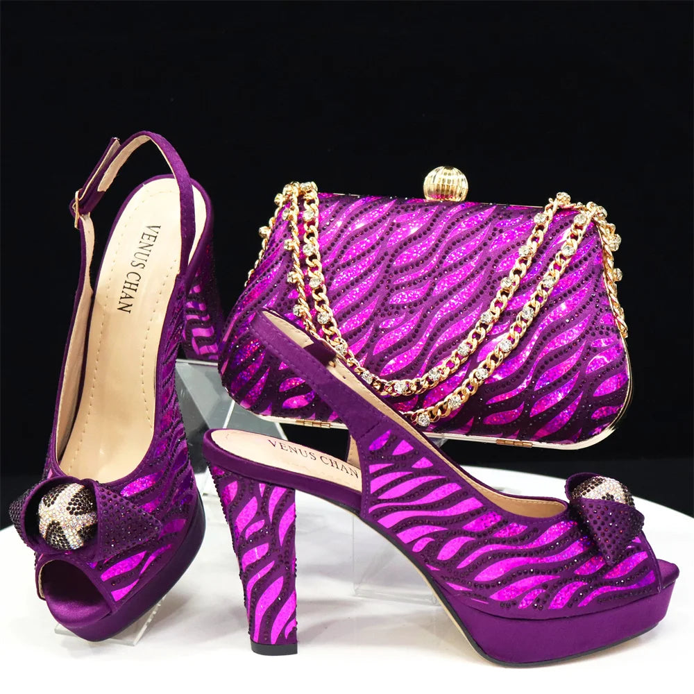 Venus Chan 2024 Newest Arrival Wine Red Color Peep Toe Women Sandals Shoes Matching Bag Set For Ladies Wedding Party Pump