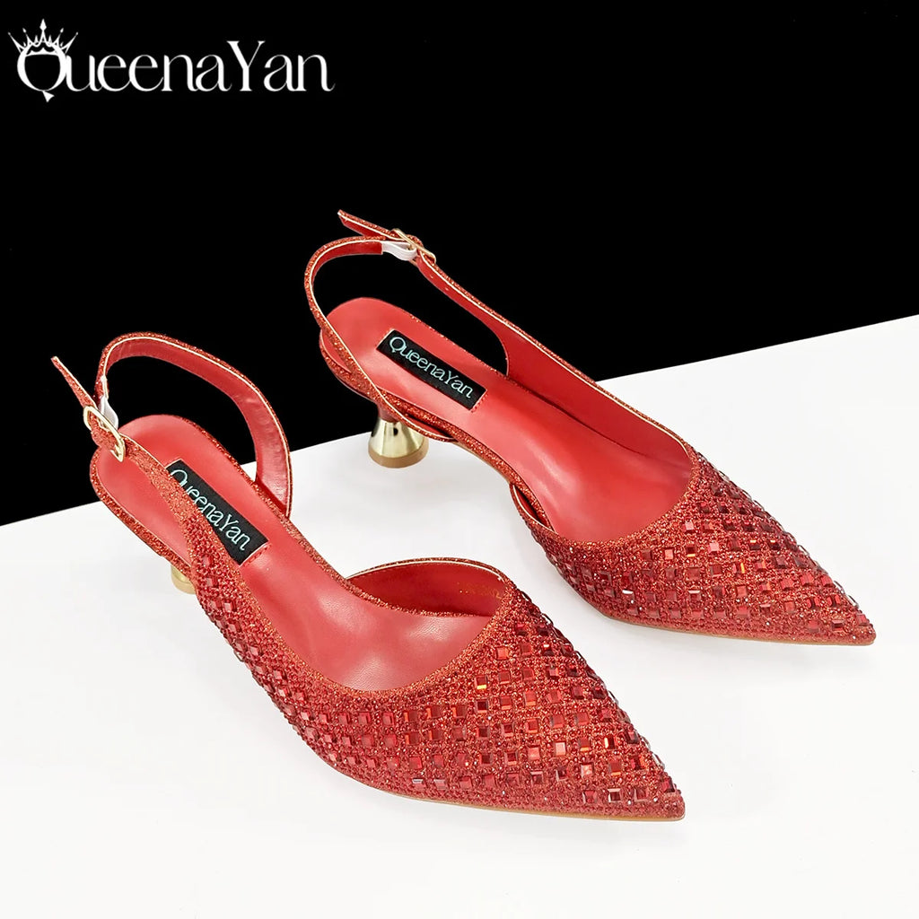 Queena Yan 2025 Italian Design Rhinestone Luxury Navy Blue Pointed Toe Shoe & Bag Set Women High Heels for Parties High Quality