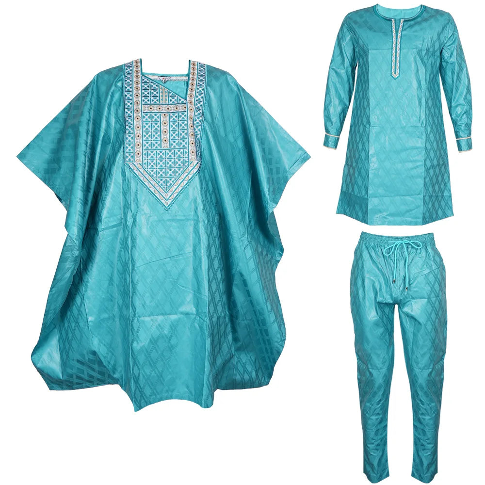 H&D South African Traditional Wear Formal Attire Bazin Riche Dashiki Green Shirt Pants Robe Suit Agbada Men's wedding party 2024