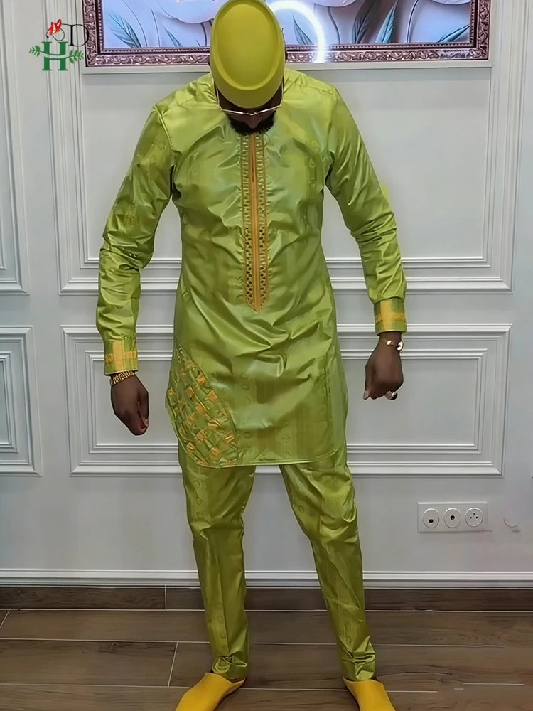 H&D African Clothing For Man Traditional Agbada Sets 2PCS Green Bazin Riche Shirt Pant Embroidered Wedding Party Suits Plus Size