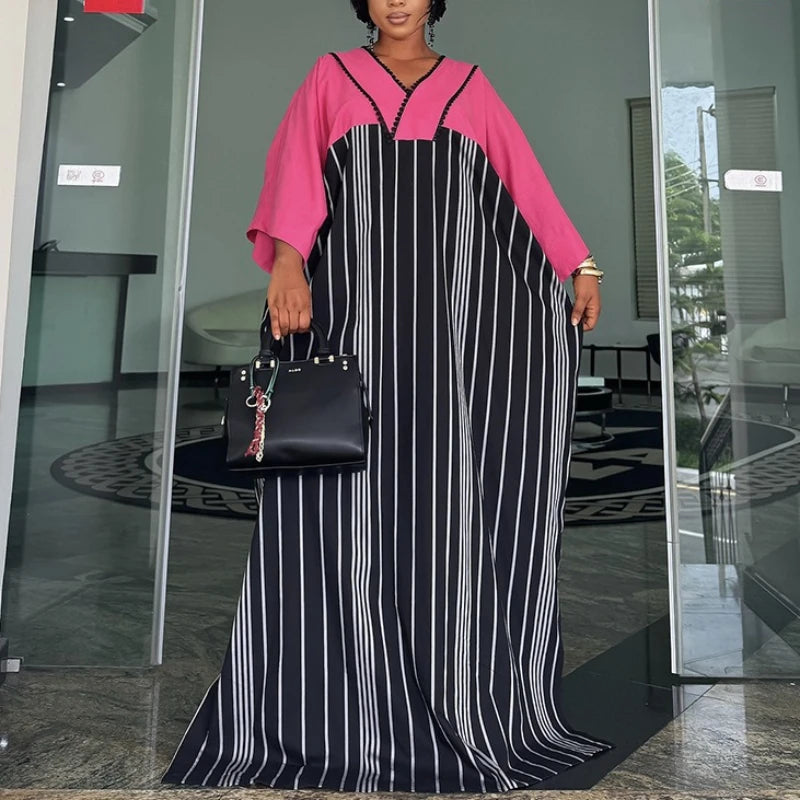 African Kaftan Bubu Dress Women Striped Printed V Neck 3/4 Sleeve Loose Maxi Gowns Elegant for Wedding Ramadan and Formal Event