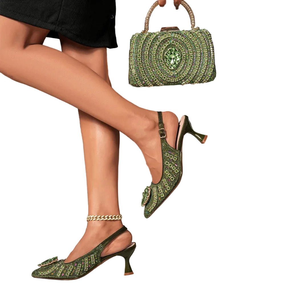 Venus Chan 2025 Elegant Rhinestone Pointed Toe Pumps With Matching Bag Set Large Size shoes Big Bag for Women's Party High Heels