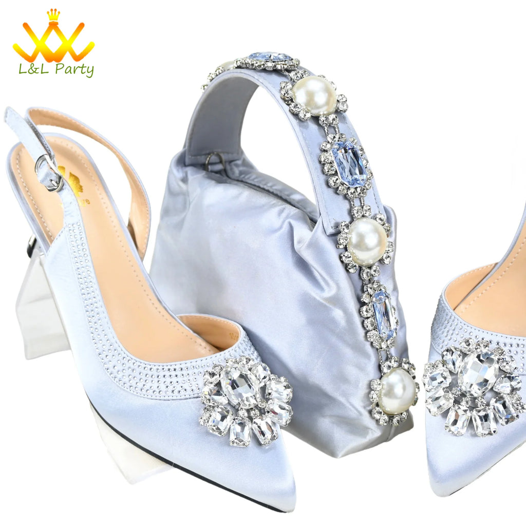 Shinning Crystal New Arrivals Comfortable Mid Heel Lemon Green Color Winter Newest African Shoes and Bag Set for Party