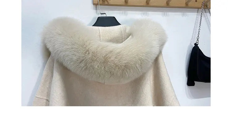 Faced Wool Ladies Winter Jacket Hooded coats Women Luxurious Real Fox Fur Coat Lose Clothing Cashmere Double