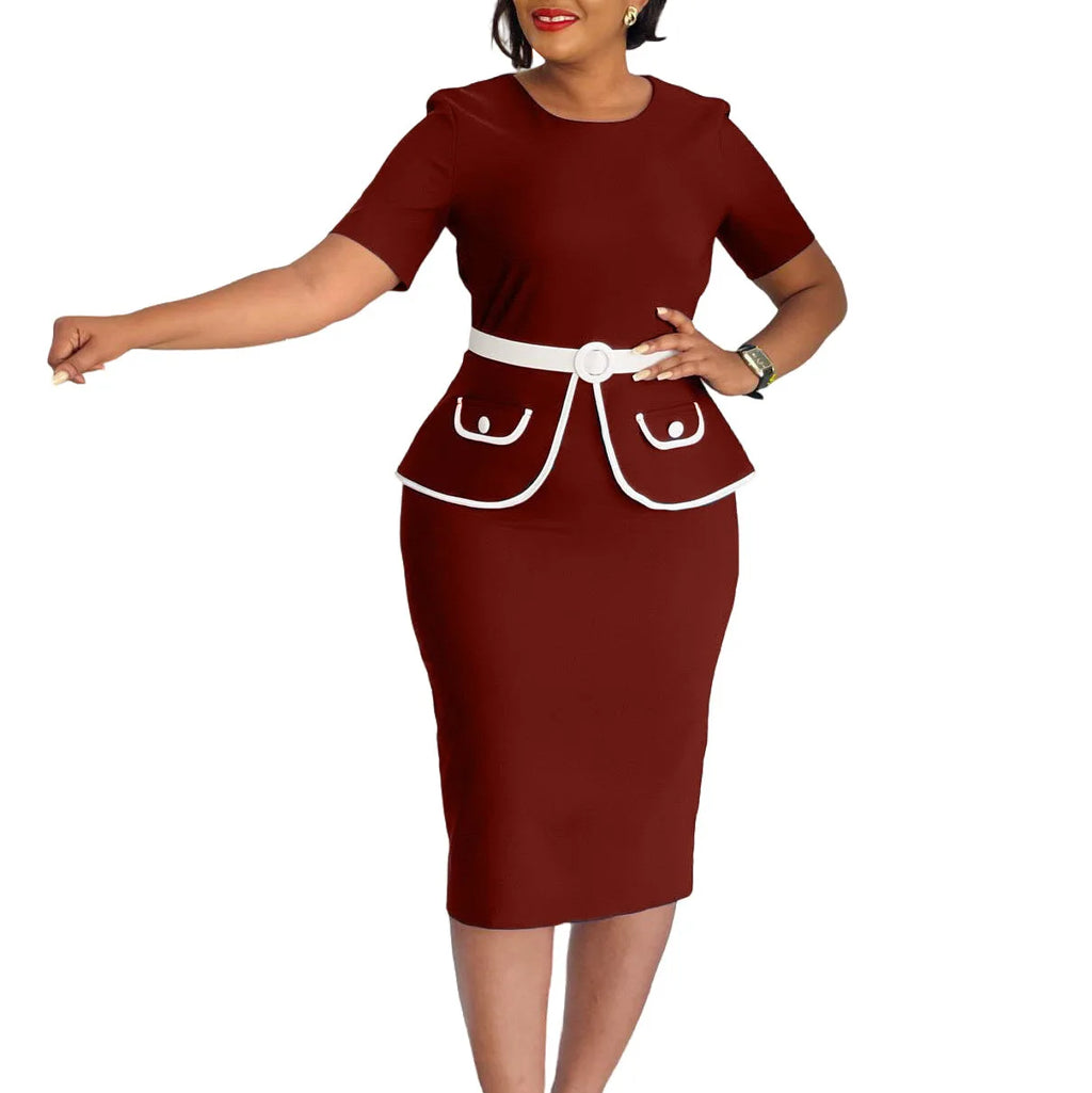 Elegant Fashionable Stretchy Short Sleeve Wrap Body Midi Dress Large Size African Style Commute Dress High Waist Skirt