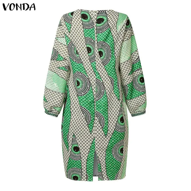 Plus Size VONDA Bohemian Midi Dresses Women Fashion Long Sleeve Print Vintage Party Long Vestidos 2026 Casual Oversize Robe 5XL