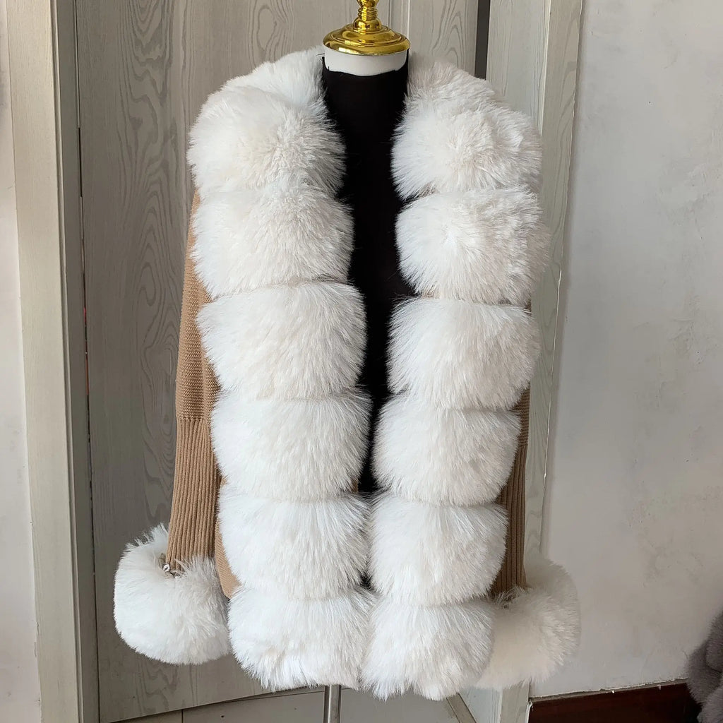 Women Faux Fur Knit Sweater cardigan Spring Autumn elegant Knitted sweater with faux fox fur collar Ladies Fashion Coat fur coat
