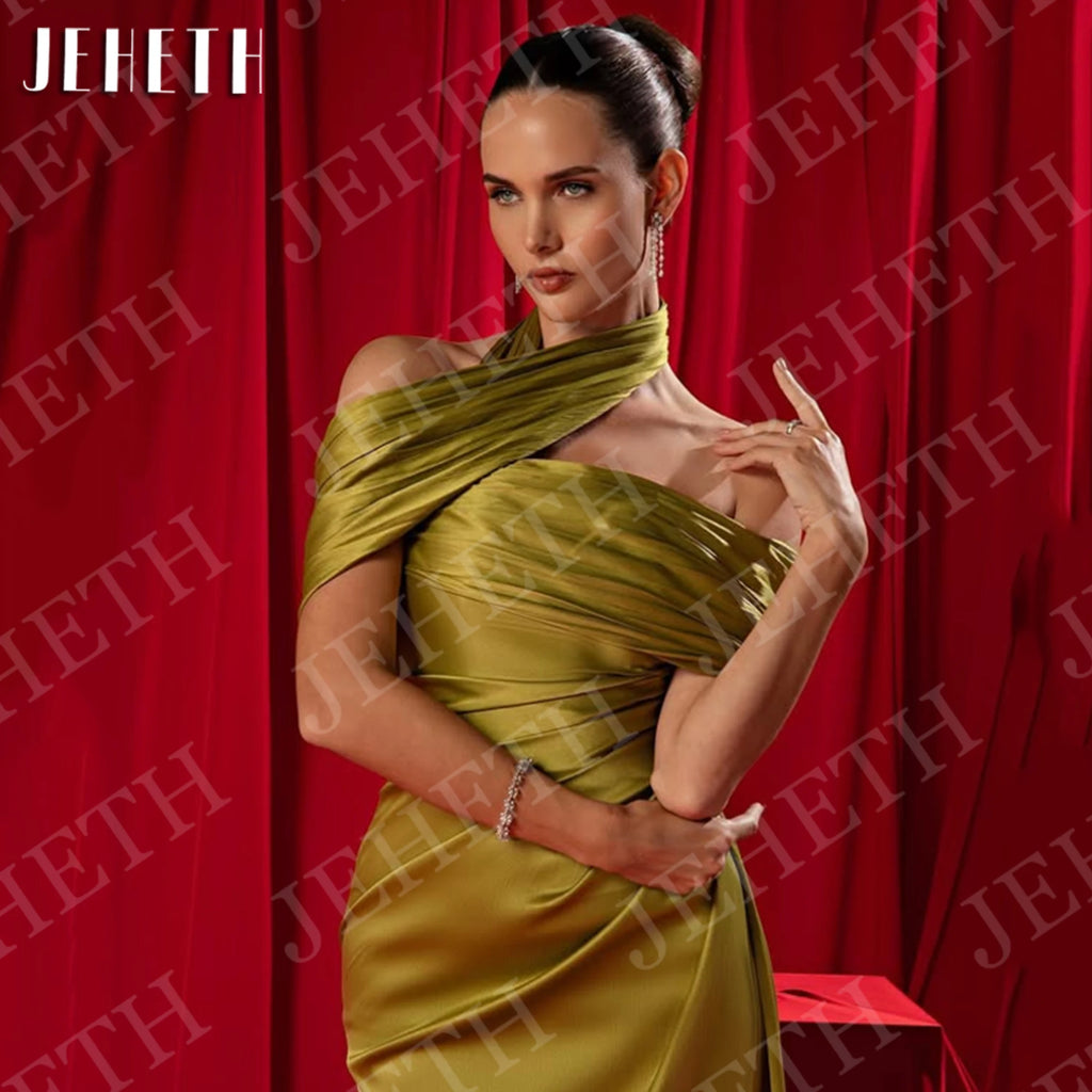 JEHETH Mermaid Prom Dresses 2025 Off Shoulder Women Evening Dress Elegant Satin Saudi Arabia Celebrity Gown Customized Backless