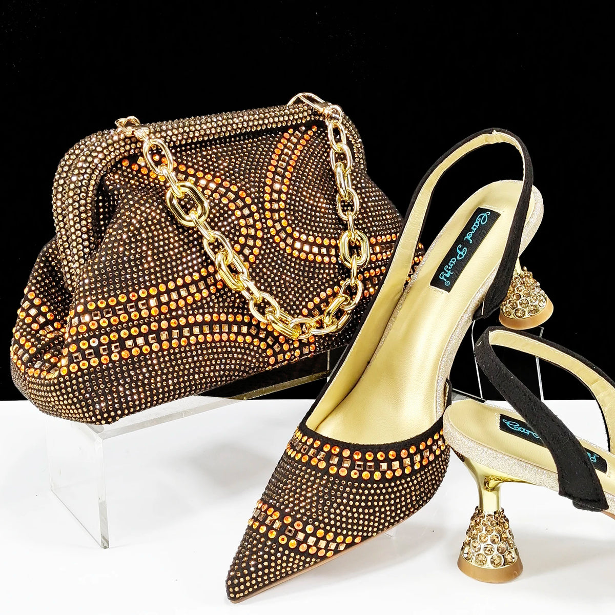 QSGFC New Italian Pumps and Bag To Party 2024 INS Style Pointed-Toe Rhinestone Elegant High Heels Champagne Wedge for Women
