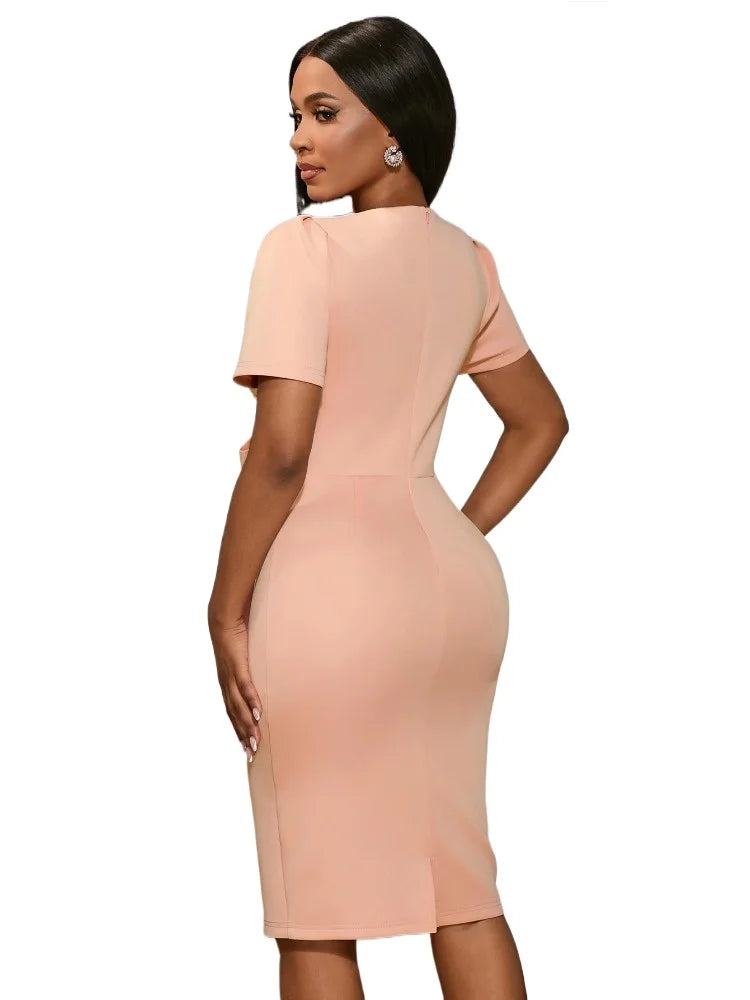 Sweetheart Neck Short Sleeve Patchwork Wedding Guest Dress with Bow 3D Rose Sequin Detail Package Hip Elegant Knee-Length Dress