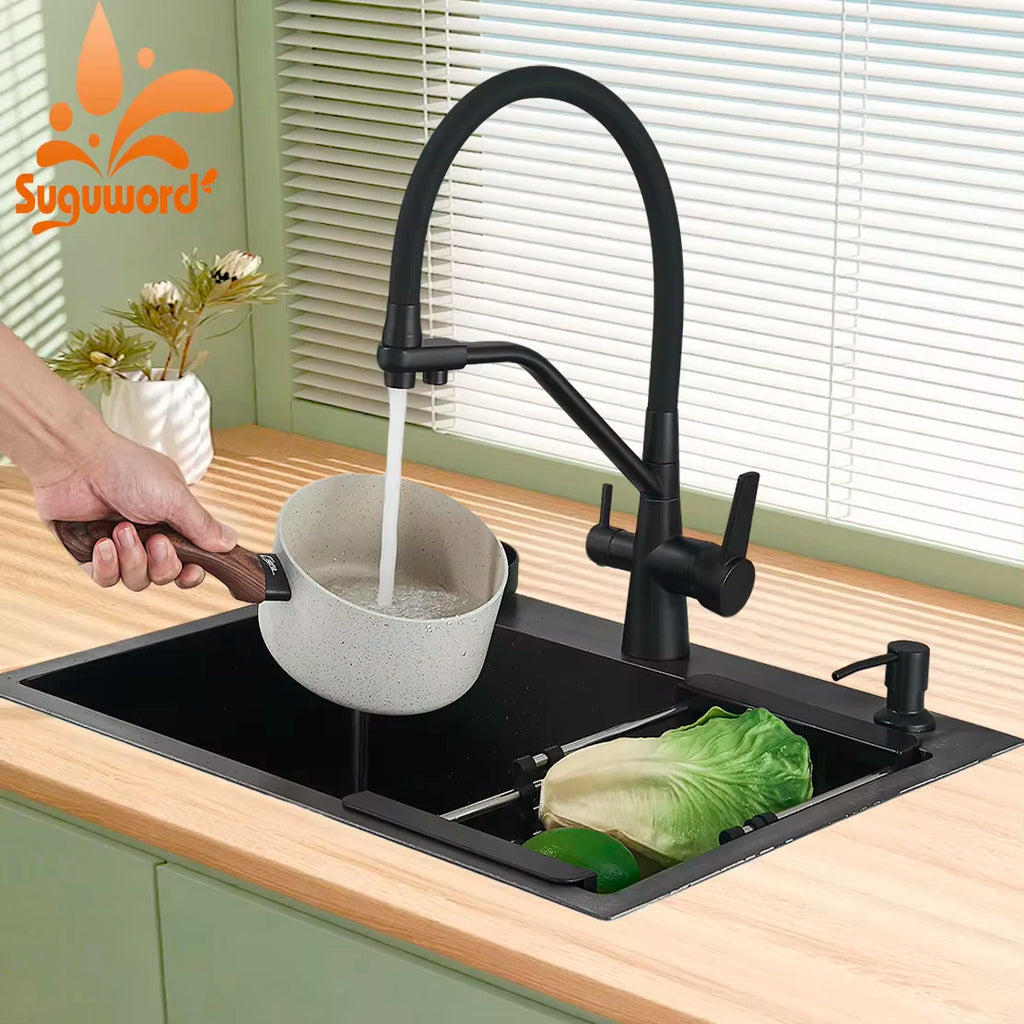 Matte Black 304 Stainless Steel kitchen Sinks Cold And Hot Water Mixer With Soap Dispenser And Cup Disher