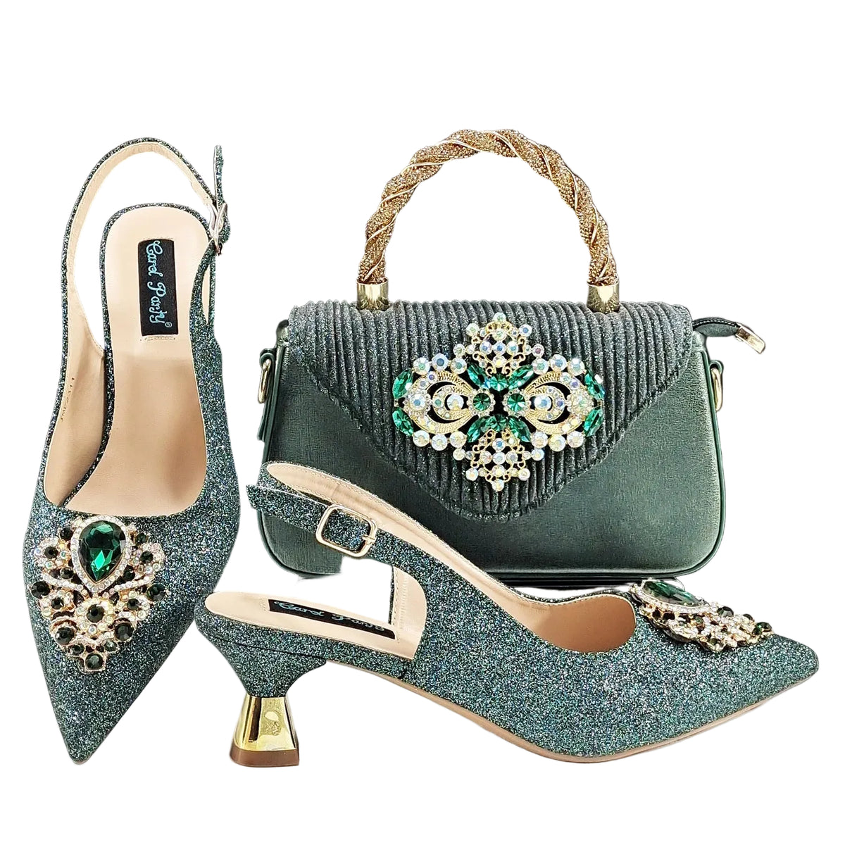 Italian Design Peach Color Pointed Toe Shoe & Bag Set Rhinestone Luxury  Women's High Heels for Parties By QSGFC