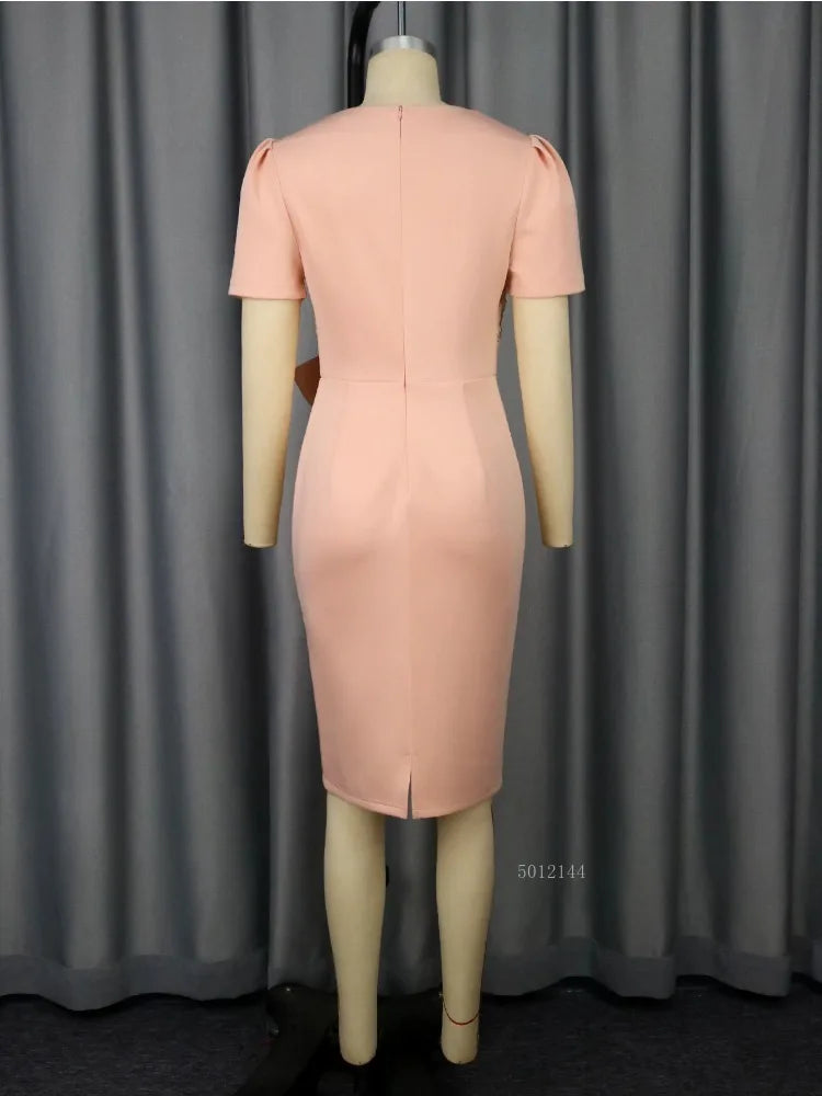 Sweetheart Neck Short Sleeve Patchwork Wedding Guest Dress with Bow 3D Rose Sequin Detail Package Hip Elegant Knee-Length Dress