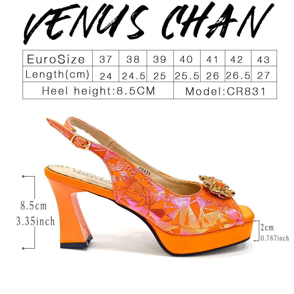 Venus Chan 2025 INS Orange Color Elegant Women Shoes and Bag Set Decoration Rhinestones Square Head Women High Heels Shoes
