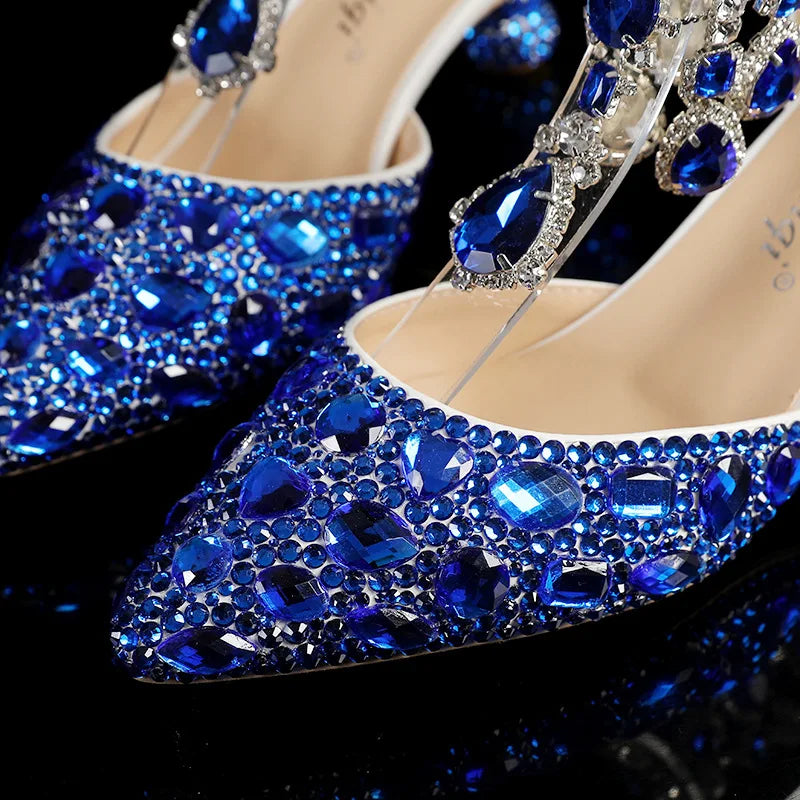 New 5cm Rhinestone shoes buckle round heel blue pointed Crystal Wedding sandals social dance Prom shoes Latin  shoes size 35-43