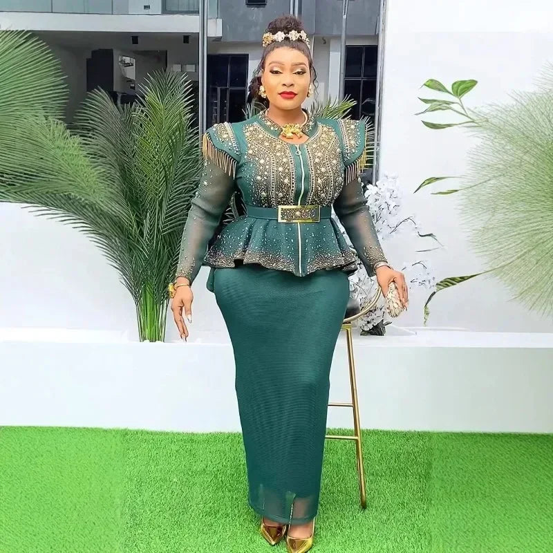 2025 Spring African Clothes for Women 2 PCS Sets Tops and Skirts Suit Dashiki Ankara Outfit Robe Plus Size Wedding Party Dresses