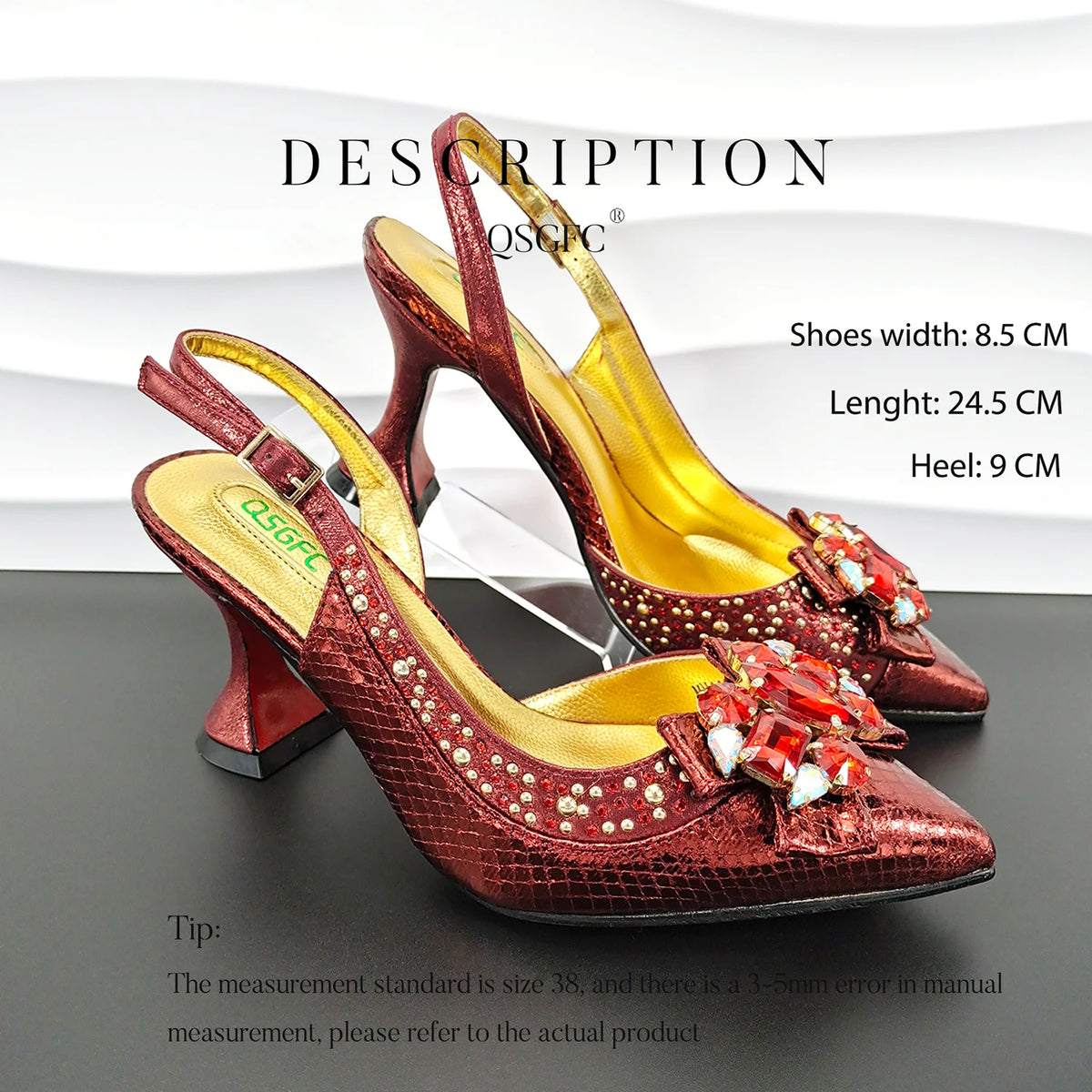 QSGFC Nigeria Elegant Ladies Wine Color Crystal Heels And Bag Three-Dimensional Capacity Bag Shiny Material Women Shoes