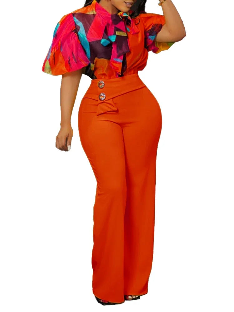 Women Two Pieces Set Printed Blouses Shirts Vintage Bow Collar with High Waist Pants Elegant Spring Fashion Office Ladies Suits