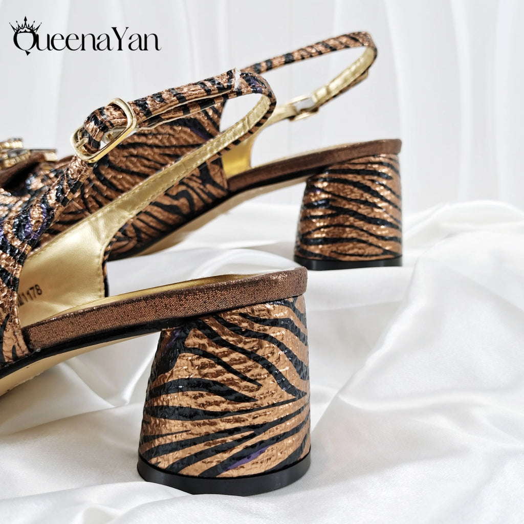 Queena Yan 2025 Women Elegant Gold High Heel Shoe and Matching Bag Set with Rhinestone Accents Stylish Peep Toe Design for Party