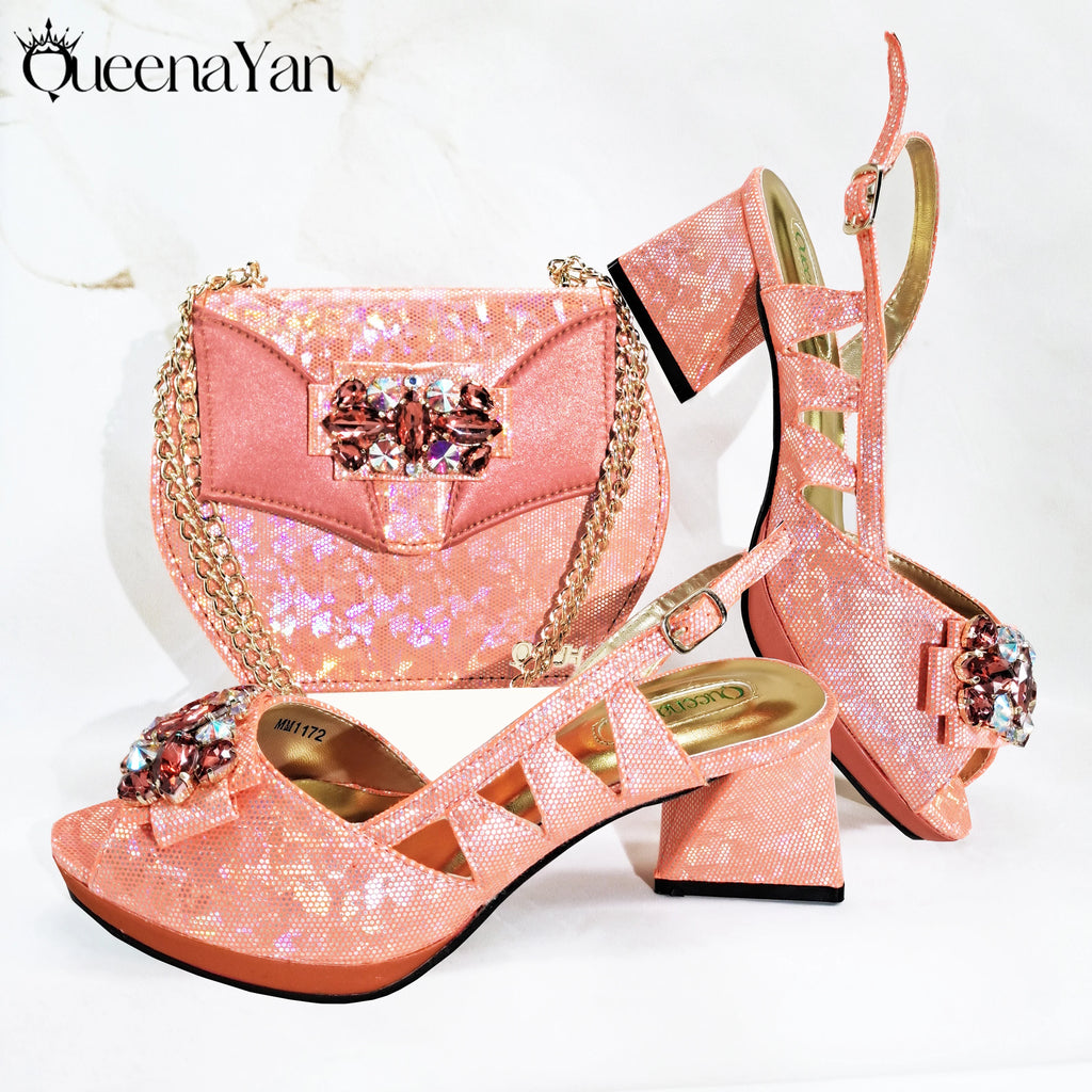 2025 New-Season Peep Toe Ladies' Shoes Elegant Coral Color Diamond-Embellished High Heels Italian-Designed Shoe and Handbag Set