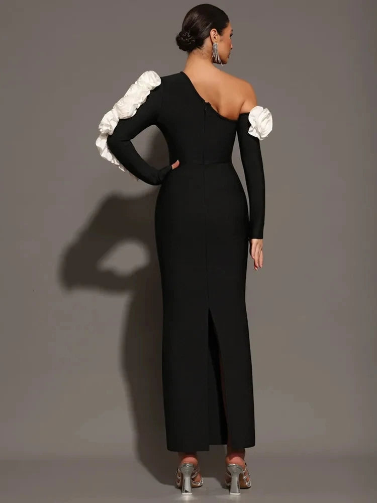 2025 New Sexy One Shoulder Key Hole Flower Maxi Long Bodycon Bandage Dress Women Knitted Elegant Evening Club Party Outfit