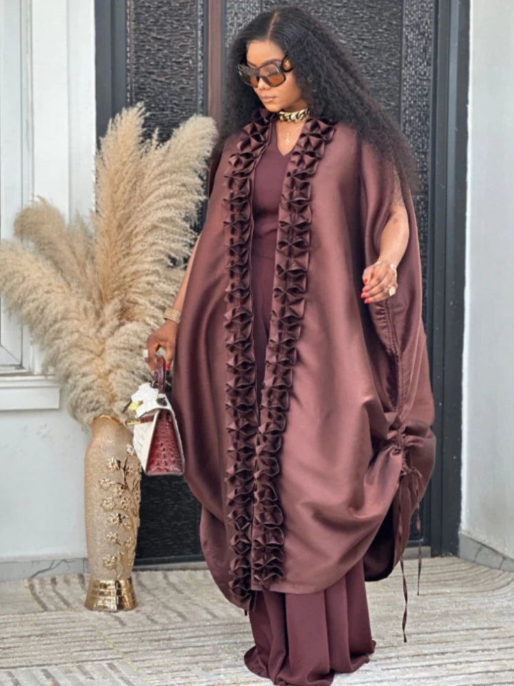 African Elegant Brown Two Piece Set Loose Kaftan Cape Ruffles Robe with O Neck Sleeveless Jumpsuit Events Parties Occasion New