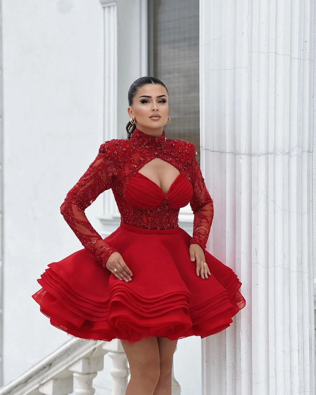 2025 Red High Neck Full Sleeves Beaded Applique Short Tiered Ruffles Prom Dresses Custom Made Girl Wear Women Evening Dress