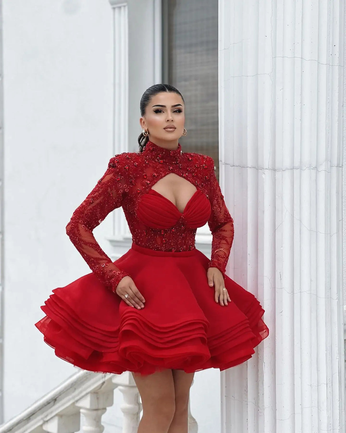 2025 Red High Neck Full Sleeves Beaded Applique Short Tiered Ruffles Prom Dresses Custom Made Girl Wear Women Evening Dress