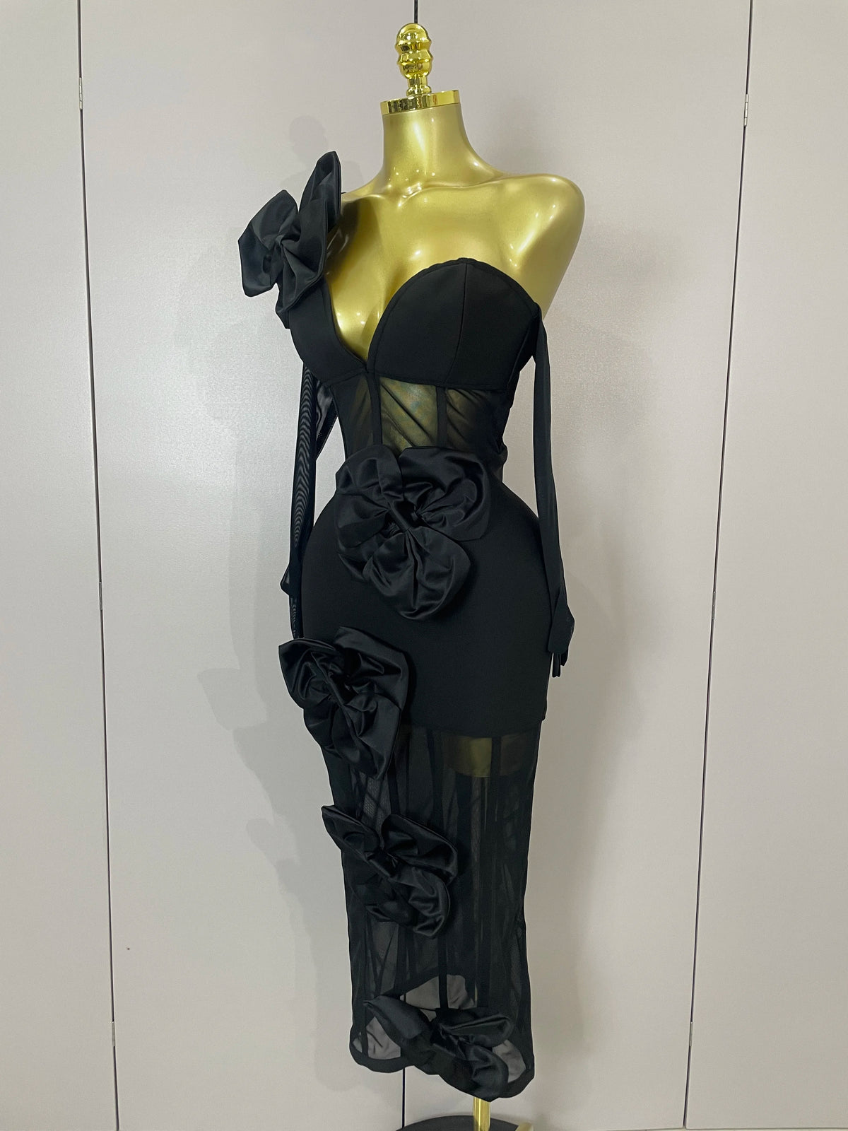 2025 Summer Women Elegant Party Birthday Dresses Sexy One Shoulder Bow Mesh See Through With Gloves Black Bandage Bodycon Dress